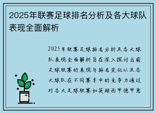 2025年联赛足球排名分析及各大球队表现全面解析