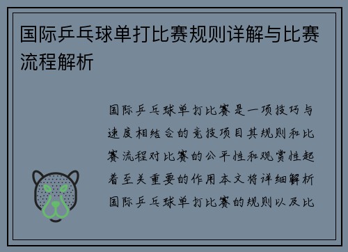 国际乒乓球单打比赛规则详解与比赛流程解析