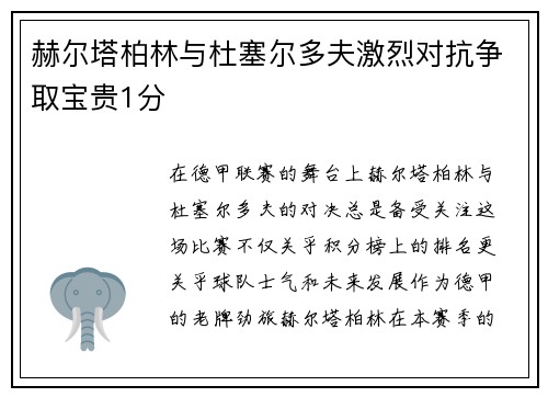 赫尔塔柏林与杜塞尔多夫激烈对抗争取宝贵1分